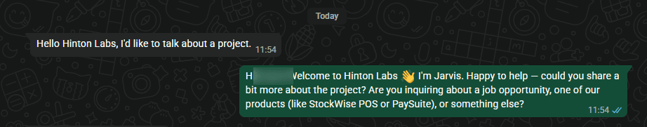 Screenshot of an actual WhatsApp conversation with Jarvis